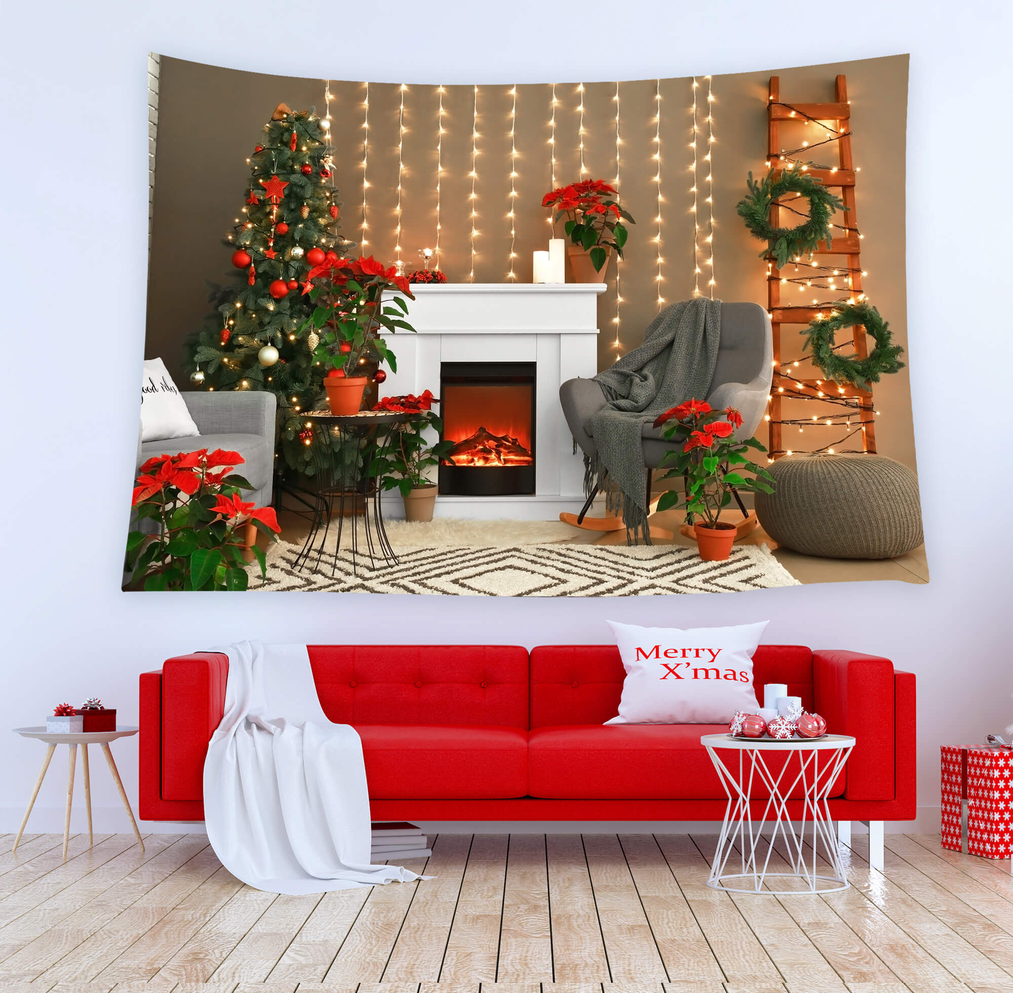 Christmas Fireplace Tapestry Wall Hanging Decor BUY GET FREE