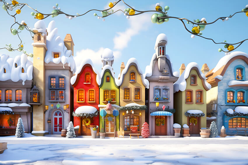 Winter Snowy Town Street Photography Backdrop