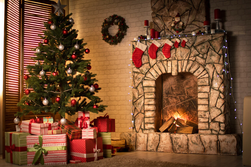 Decorated Christmas Tree Fireplace Backdrop
