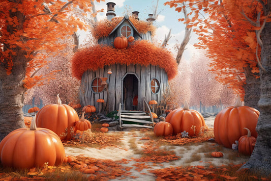 Pumpkin Cabin Maple Leaves Autumn Backdrop