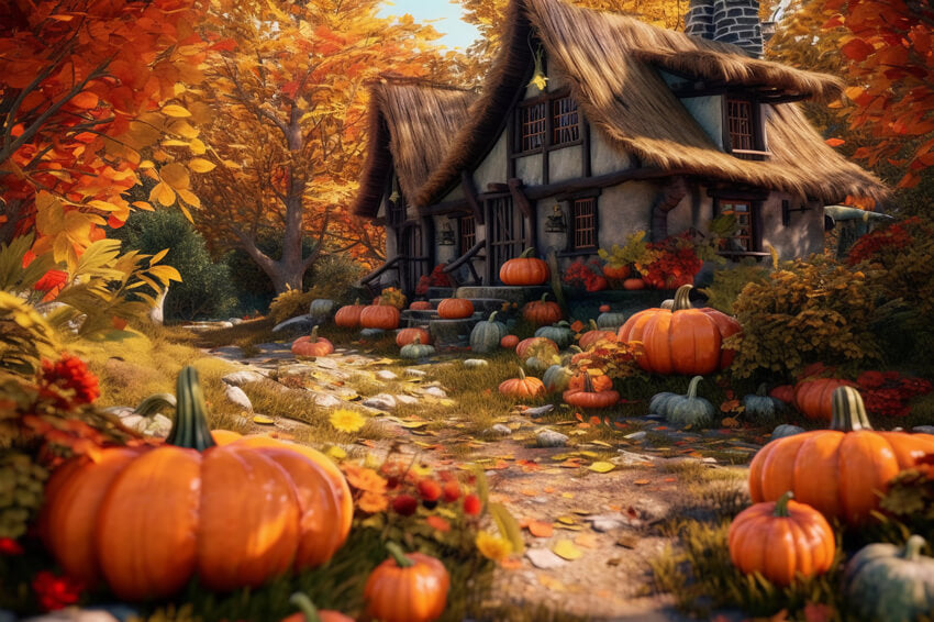 8x6FT Autumn Pumpkin Leaf Background For Photo Booth