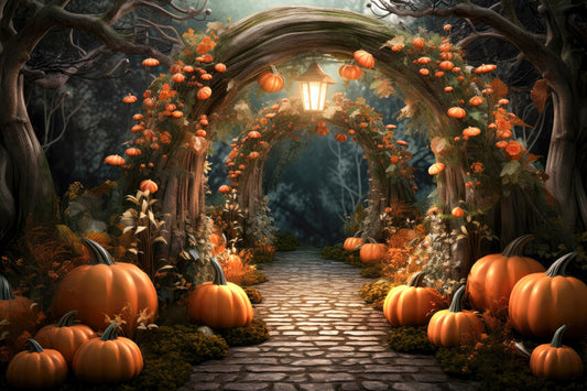 Forest Pumpkin Arch Autumn Halloween Backdrop
