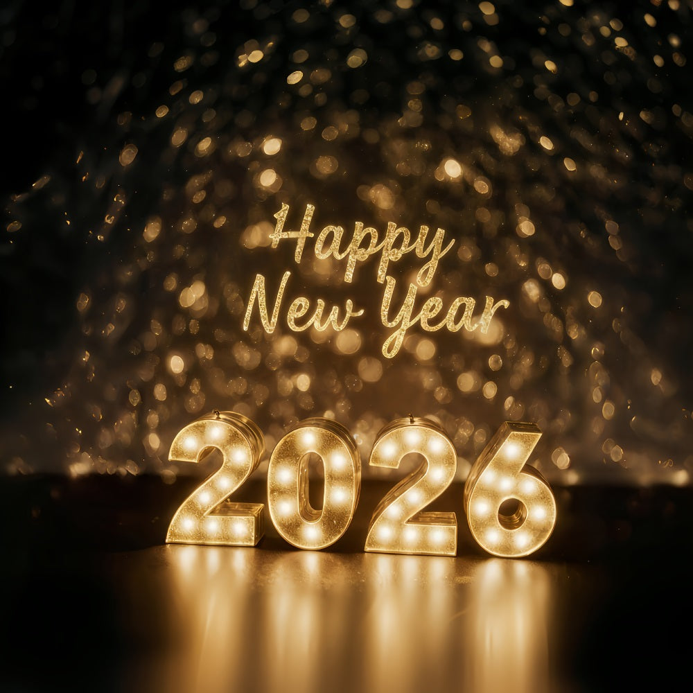 Happy New Year 2026 Backdrop Golden Lights Celebration Glow New Years Eve Backdrop MRR10-1
