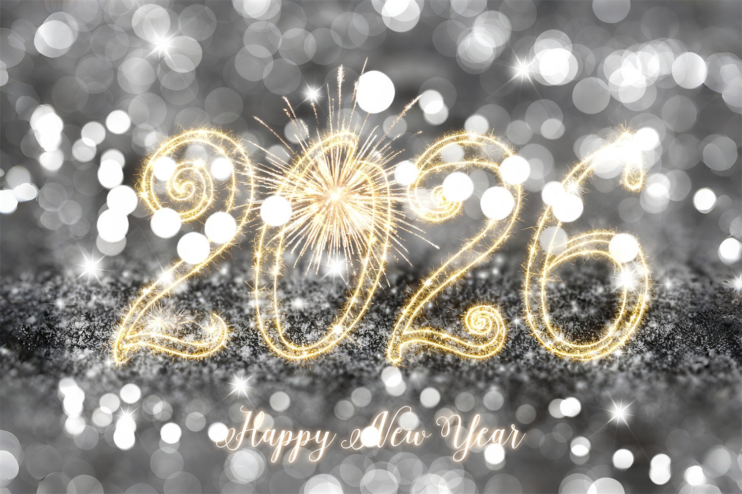 Happy New Year 2026 Backdrop Silver Sparkling Glitter Lights New Year