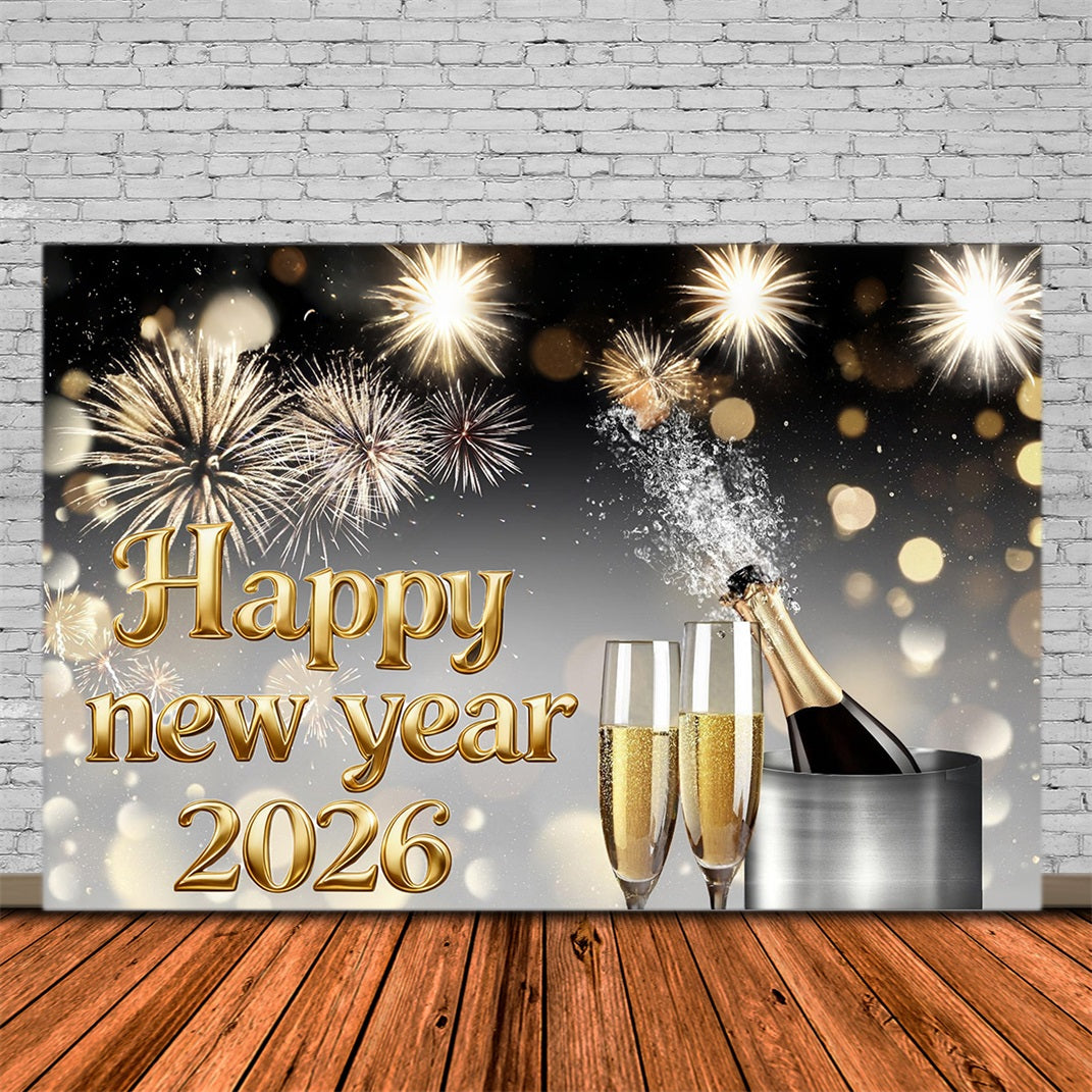 Happy New Year 2026 Backdrop Champagne Fireworks Burst Elegance New Year Backdrop MRR10-15