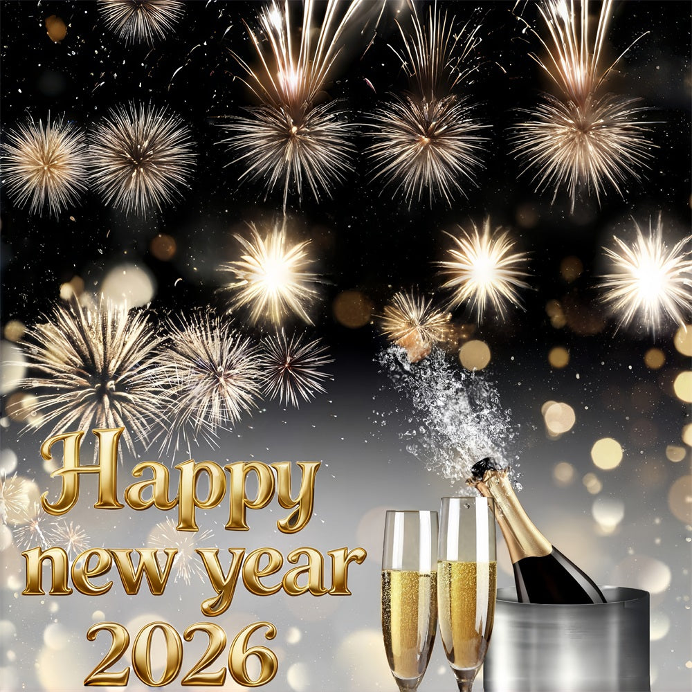 Happy New Year 2026 Backdrop Champagne Fireworks Burst Elegance New Year Backdrop MRR10-15