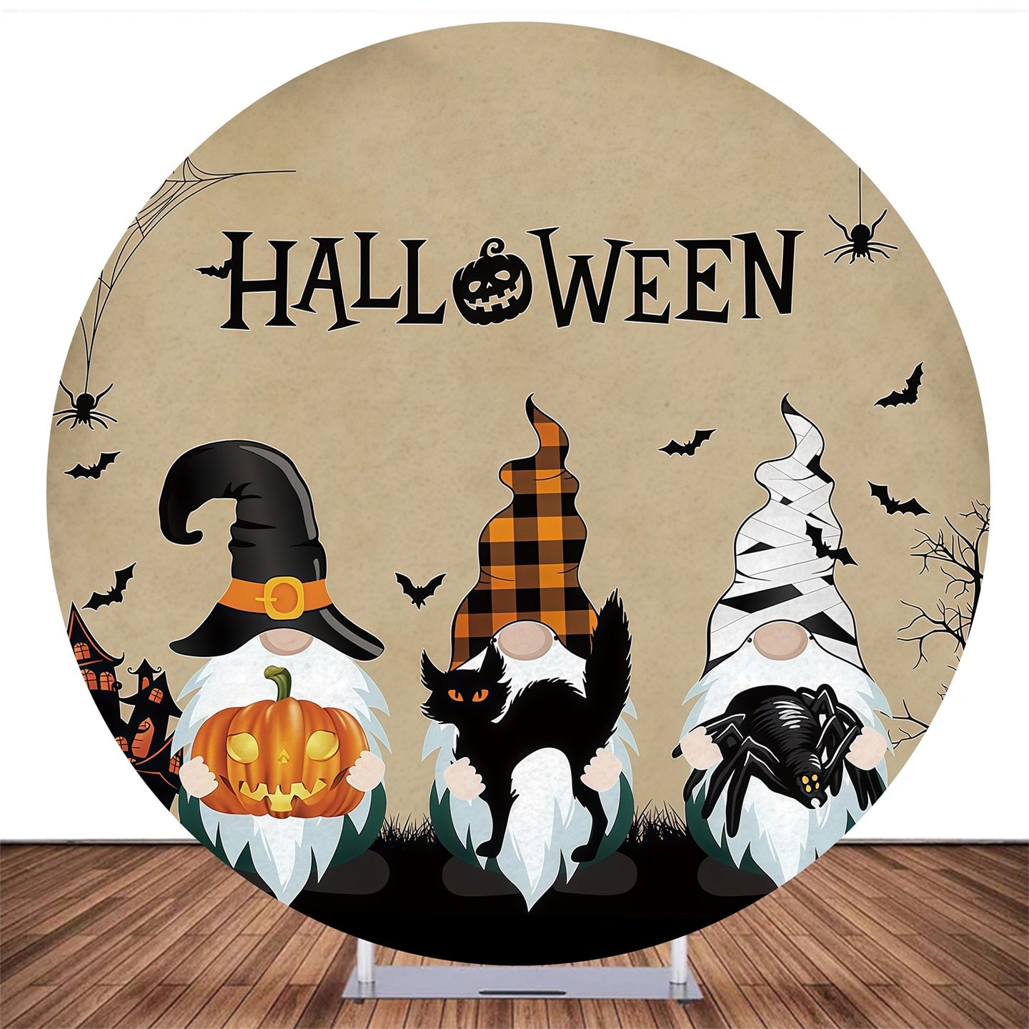 Circle Backdrop Cover Halloween Gnomes Cat Spider Halloween Backdrop MRR10-158