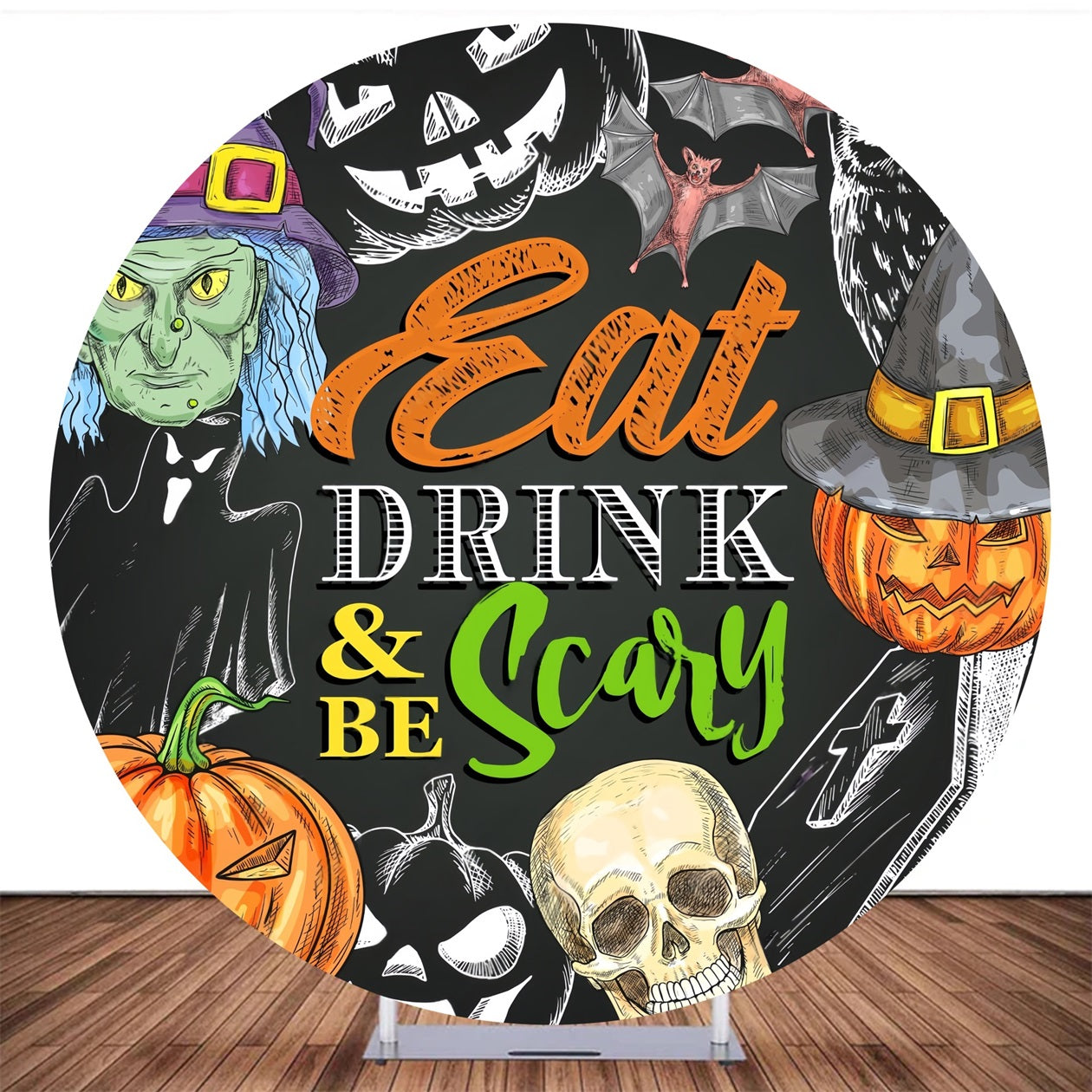 Round Backdrop Witch Pumpkin Skull Illustration Halloween Backdrop MRR10-161