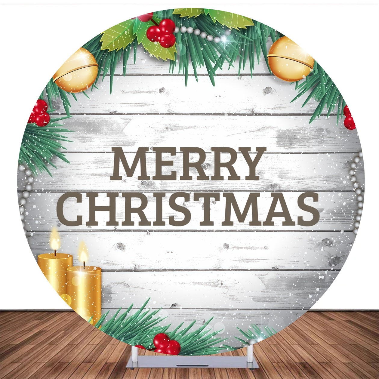 Circle Backdrop Cover Christmas Candles Pine Garland Wood Backdrop MRR10-198