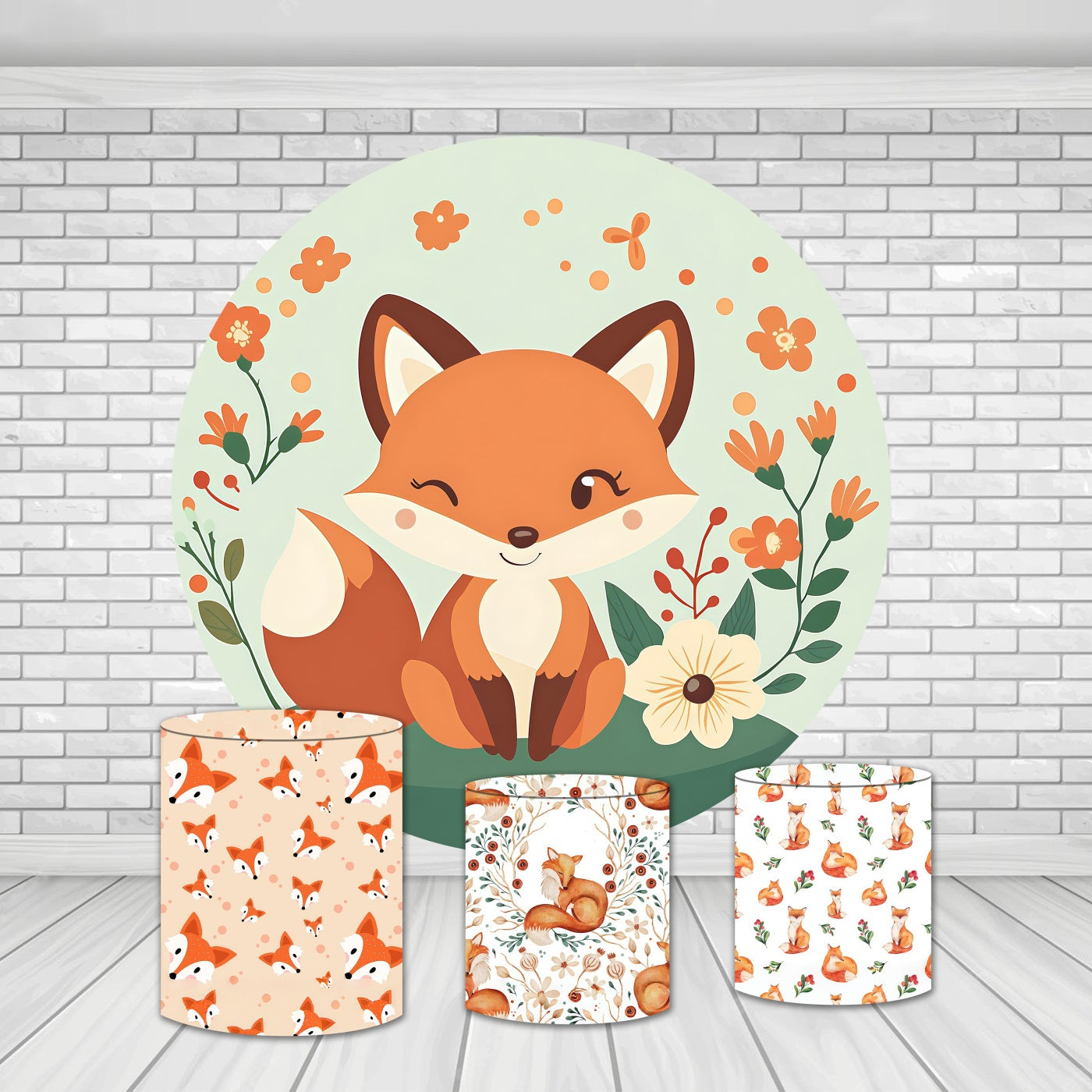 Round Backdrop Kit Cute Fox Floral Garden Cartoon Backdrop MRR10-218