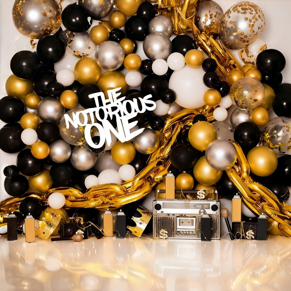 Cake Smash Backdrop Gold Black Balloons 1st Birthday Backdrop MRR10-43