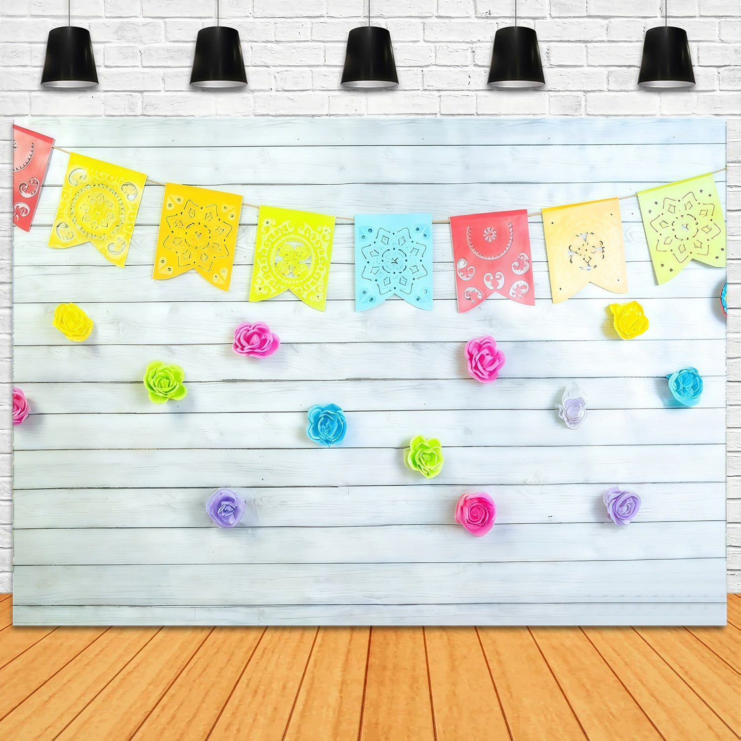 1st Birthday Backdrop Colorful Floral Garlands Flags Cake Smash Backdrop MRR10-46