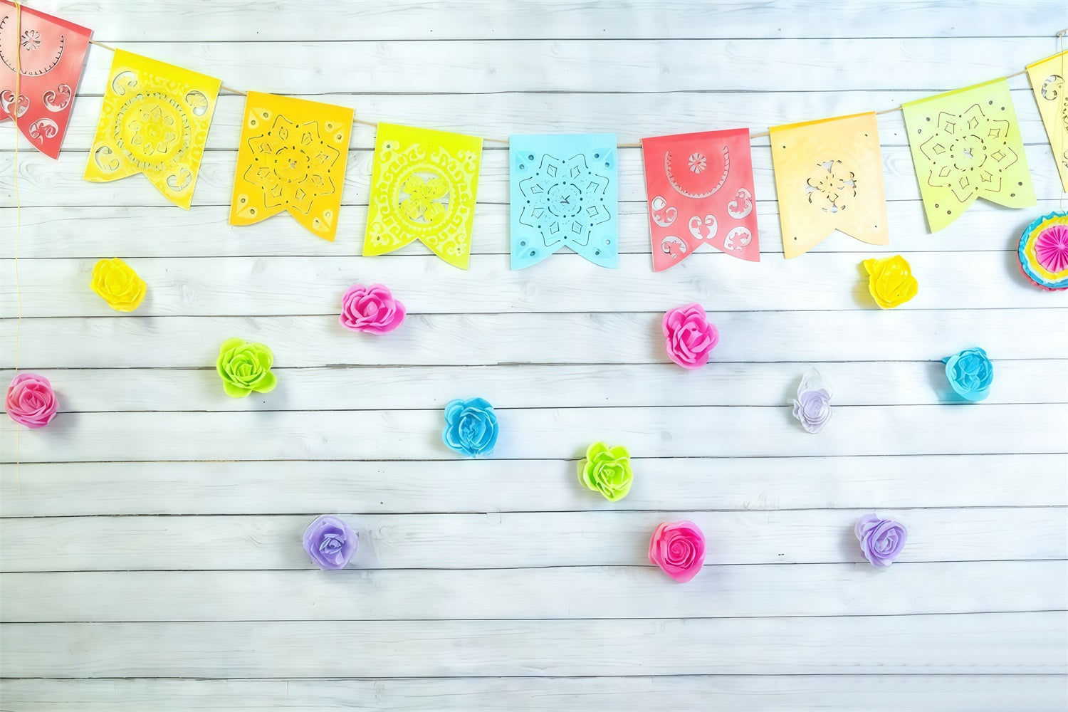 1st Birthday Backdrop Colorful Floral Garlands Flags Cake Smash Backdrop MRR10-46