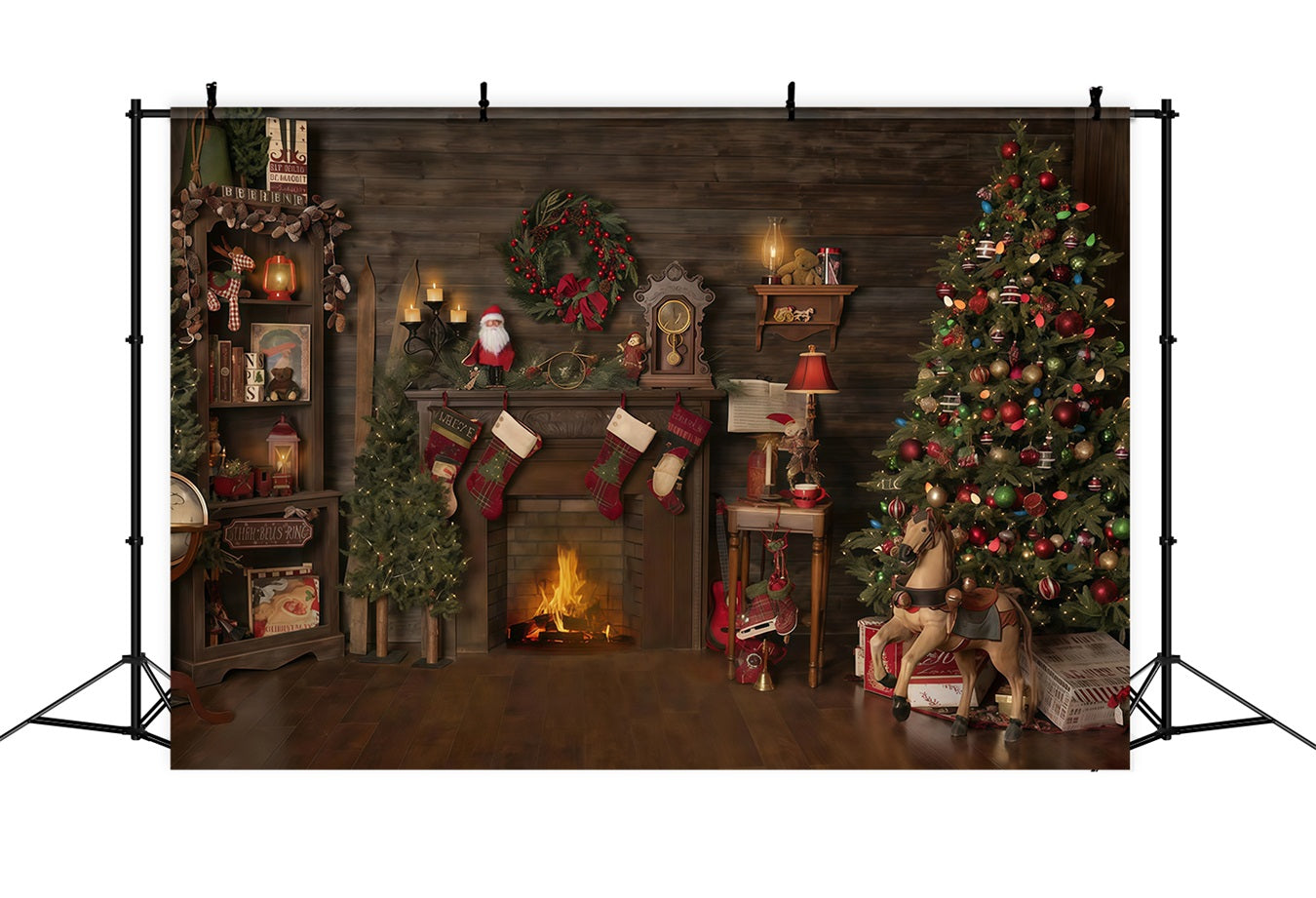 Christmas Backdrop Wood House Fireplace Stockings Christmas Photo Backdrop MRR10-52
