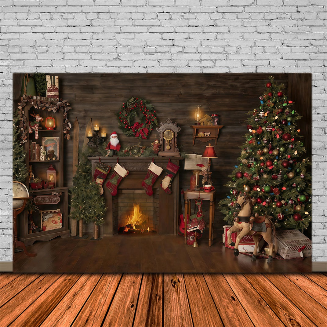 Christmas Backdrop Wood House Fireplace Stockings Christmas Photo Backdrop MRR10-52