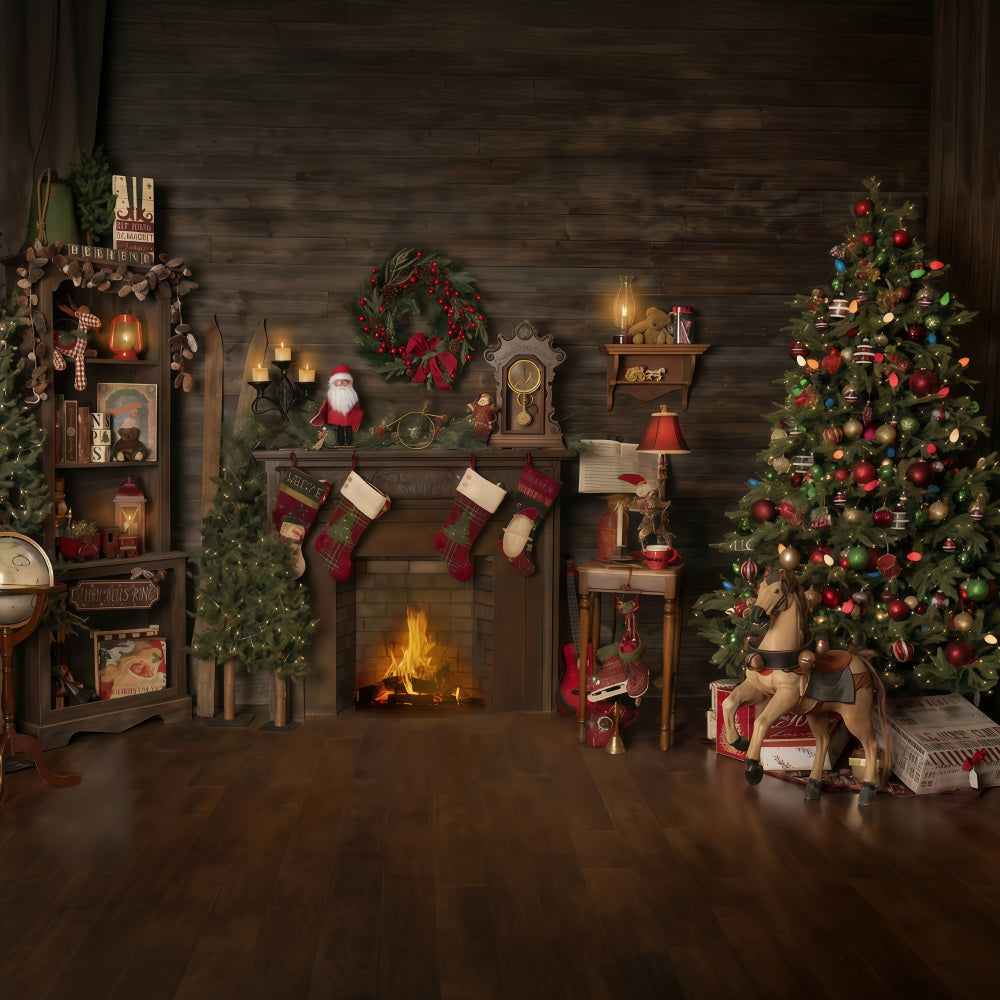 Christmas Backdrop Wood House Fireplace Stockings Christmas Photo Backdrop MRR10-52