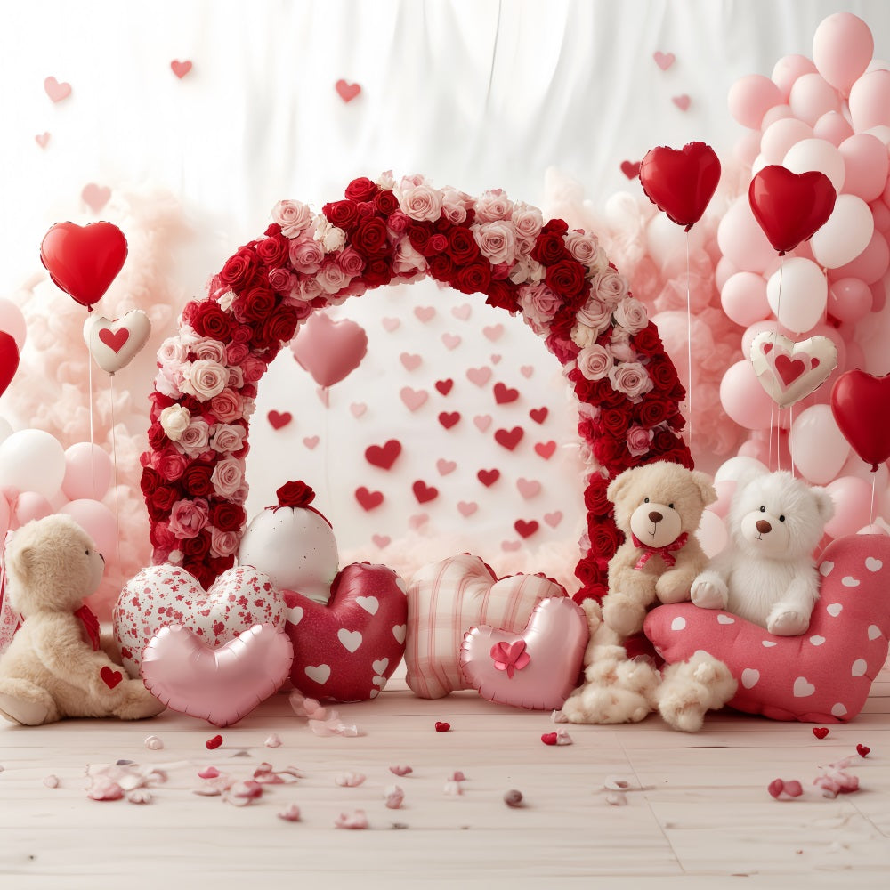 Valentine's Day Backdrops Rose Bear Heart Arch Valentine Balloon Backdrop MRR11-103