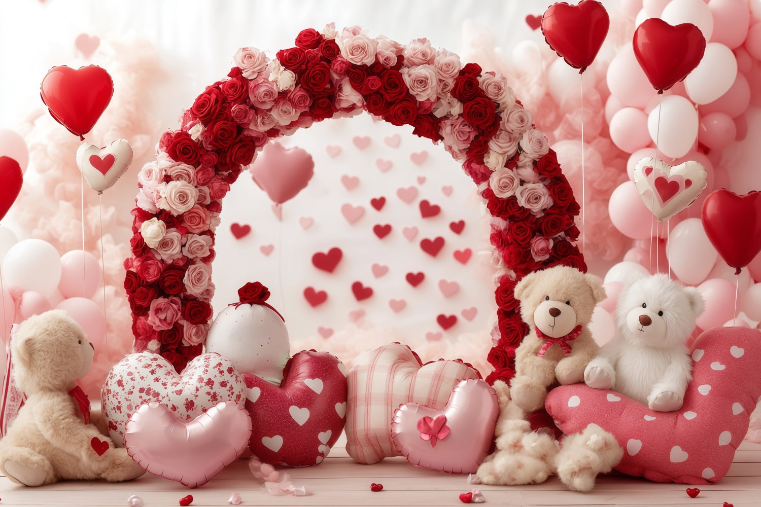 Valentine's Day Backdrops Rose Bear Heart Arch Valentine Balloon Backdrop MRR11-103