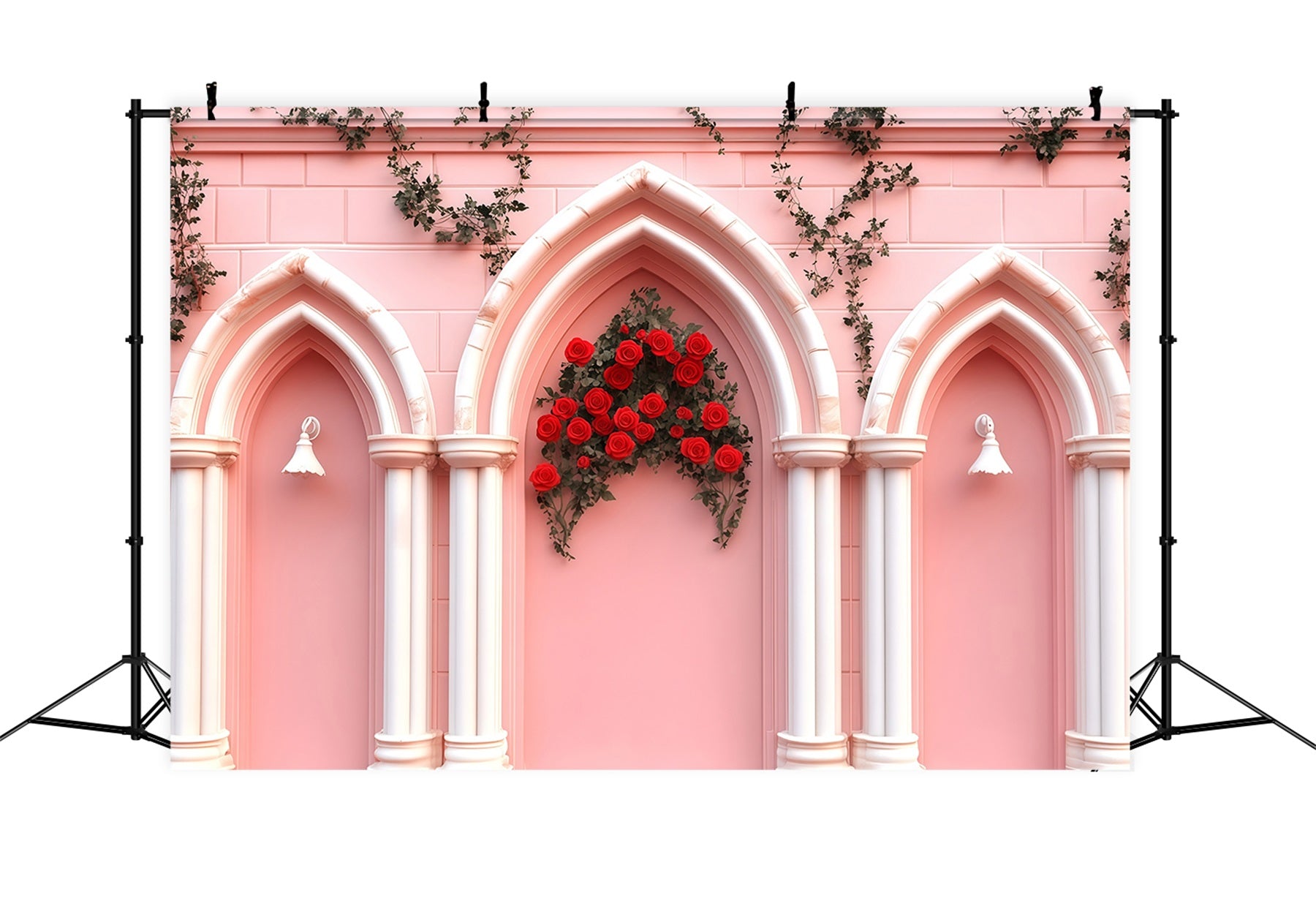 Pink Valentine Backdrop Pink Brick Arch Flower Valentine's Day Backdrop MRR11-110