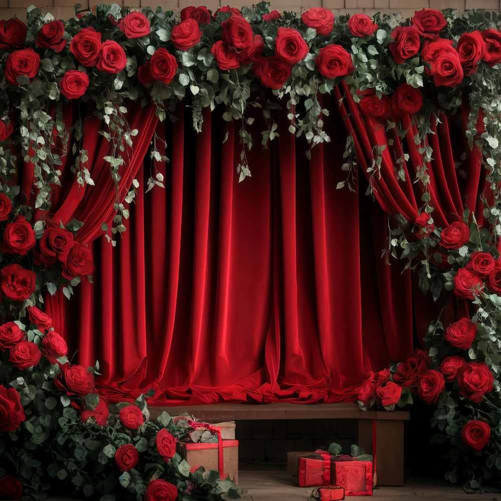 Valentine's Day Photography Backdrop Red Curtain Flower Valentines Backdrop MRR11-112