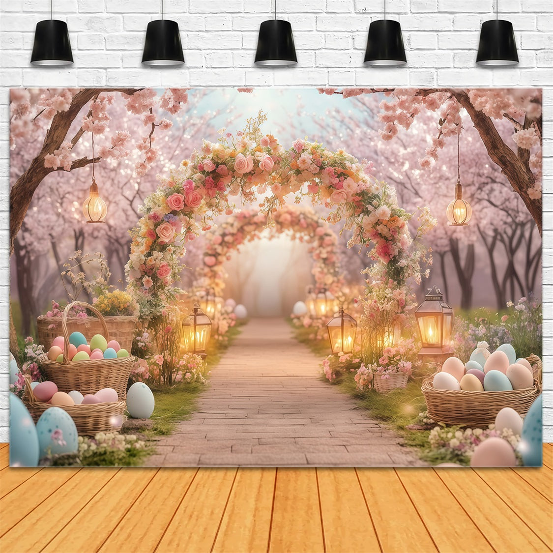 Easter Egg Hunt Backdrop Mountain Garden Floral Arch Easter Backdrop MRR11-87