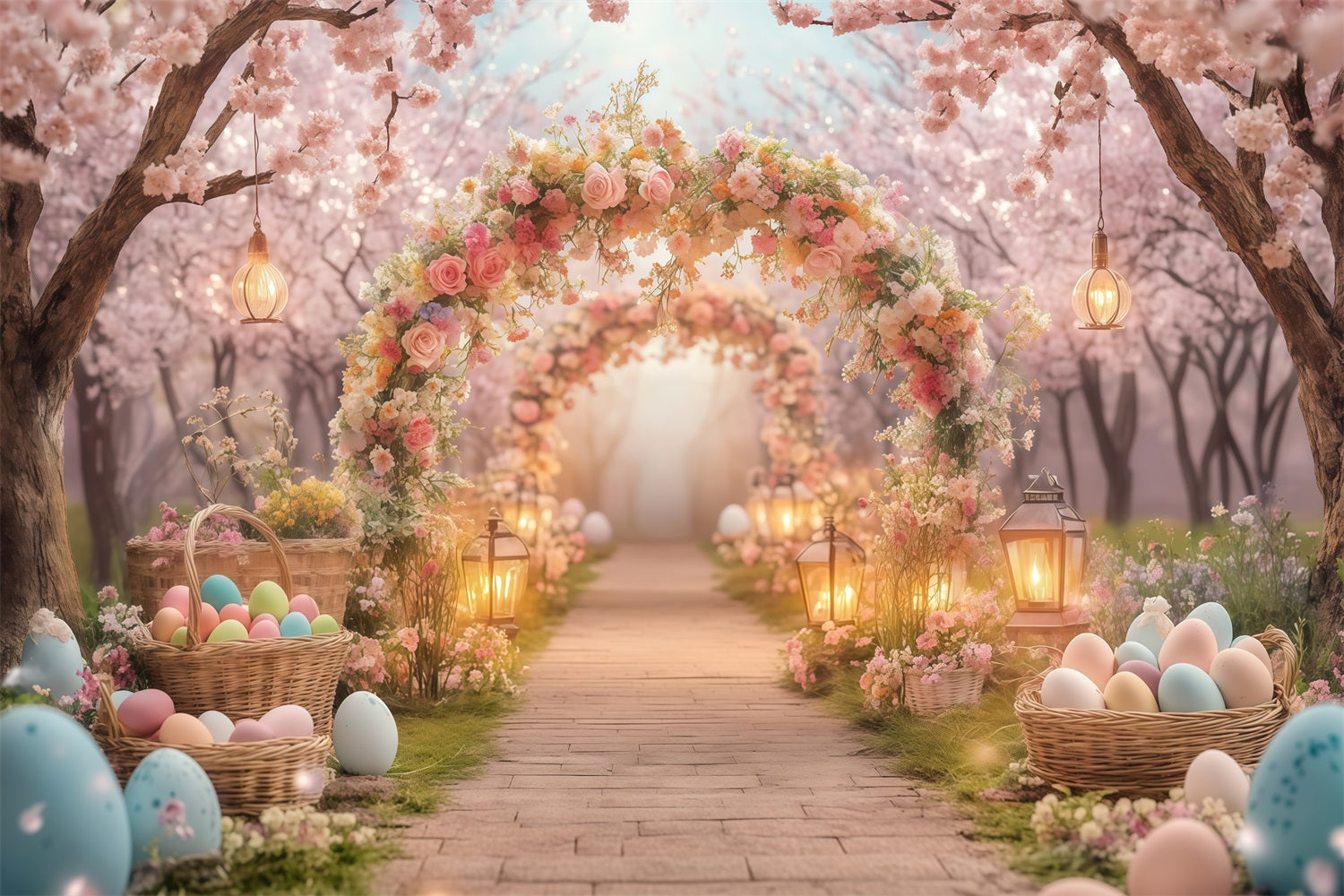 Easter Egg Hunt Backdrop Mountain Garden Floral Arch Easter Backdrop MRR11-87