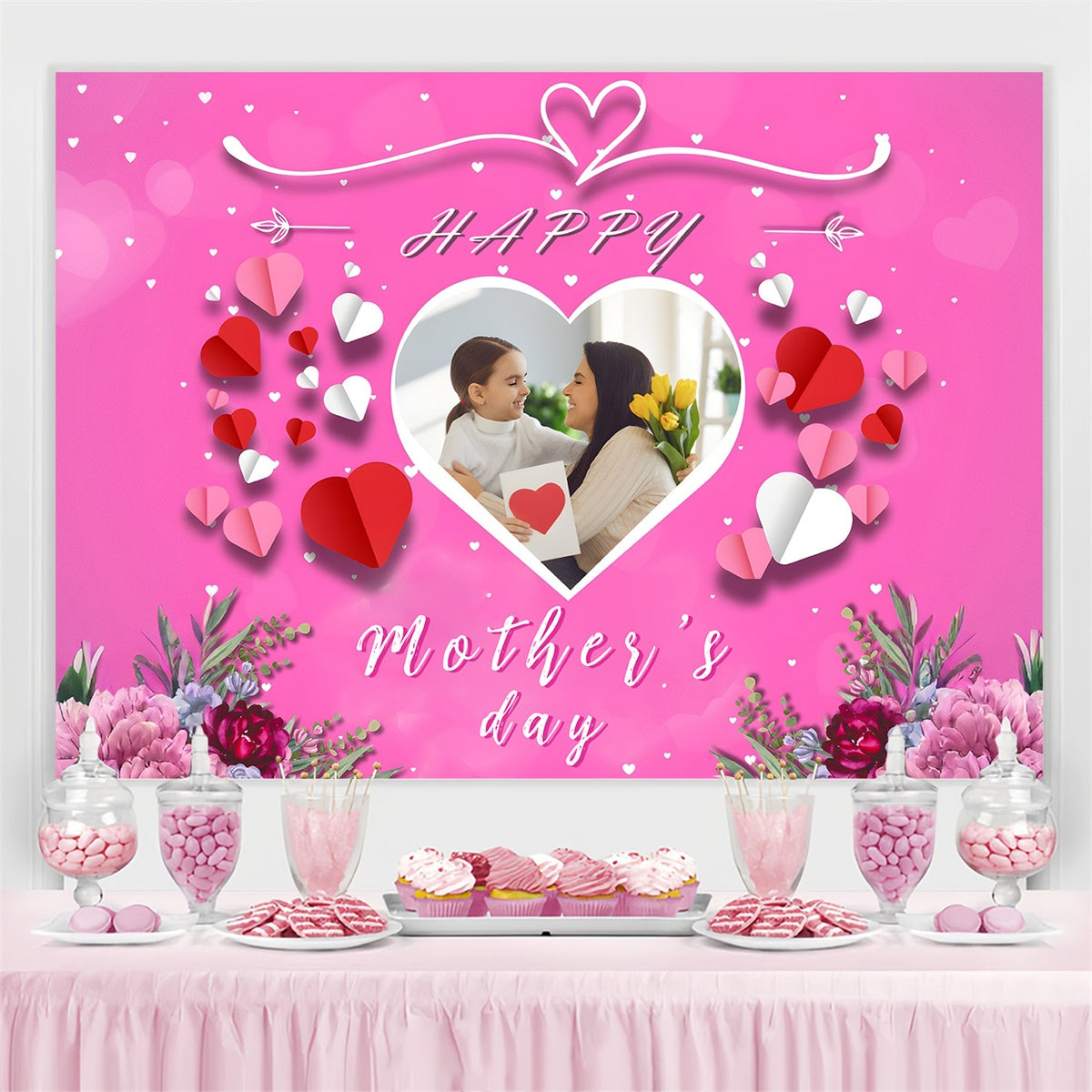 Mother's Day Photo Backdrop Heart Love Flowers Custom Backdrop MRR3-107