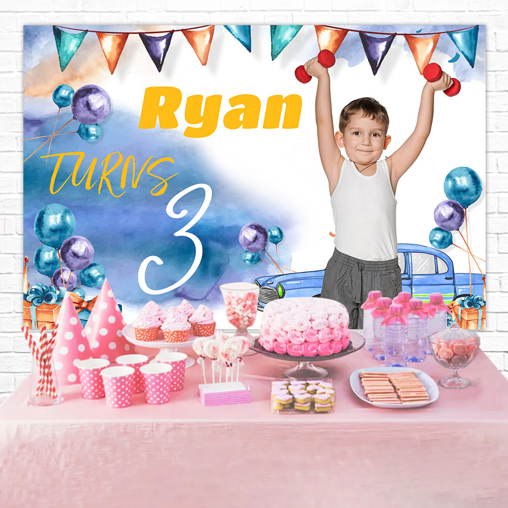 Custom Birthday Backdrops Watercolor Blue Balloon Backdrop MRR3-11