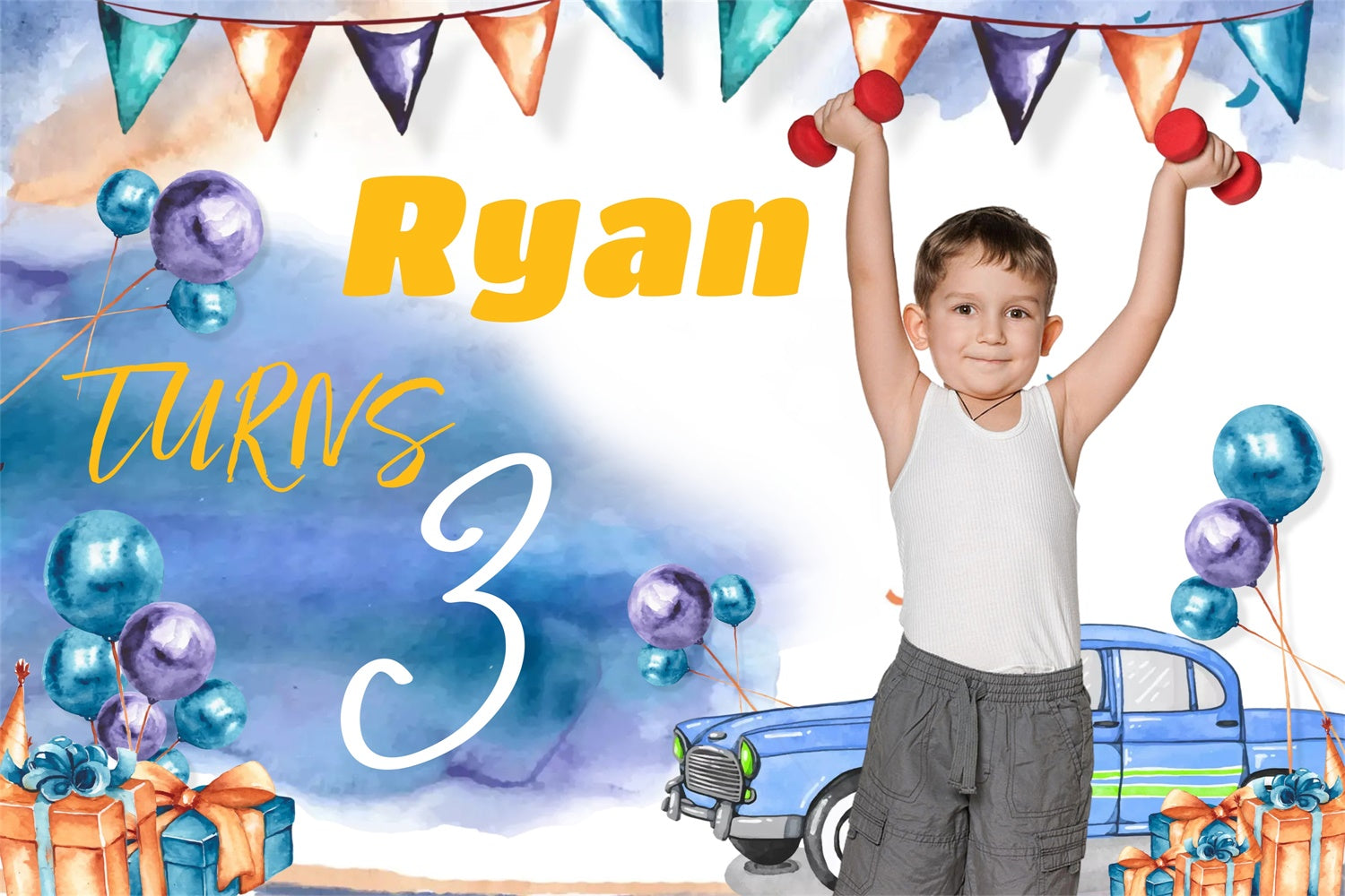 Custom Birthday Backdrops Watercolor Blue Balloon Backdrop MRR3-11