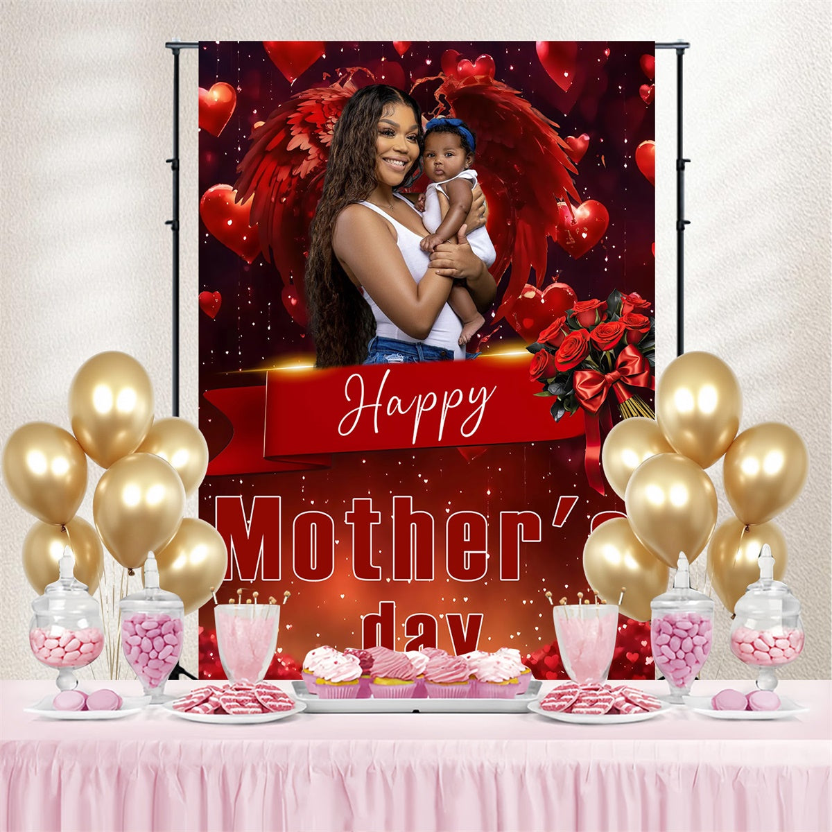 Backdrop For Mothers Day Red Roses Angelic Wings Customized Backdrop MRR3-114