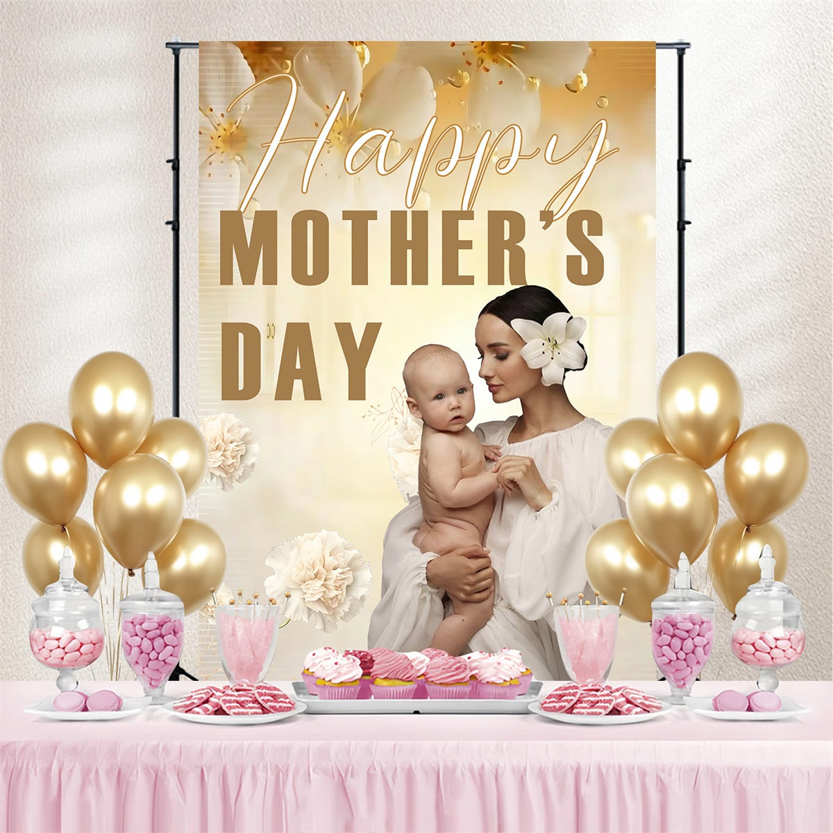 Backdrop For Mother's Day Beige Floral Bloom Custom Backdrop MRR3-115