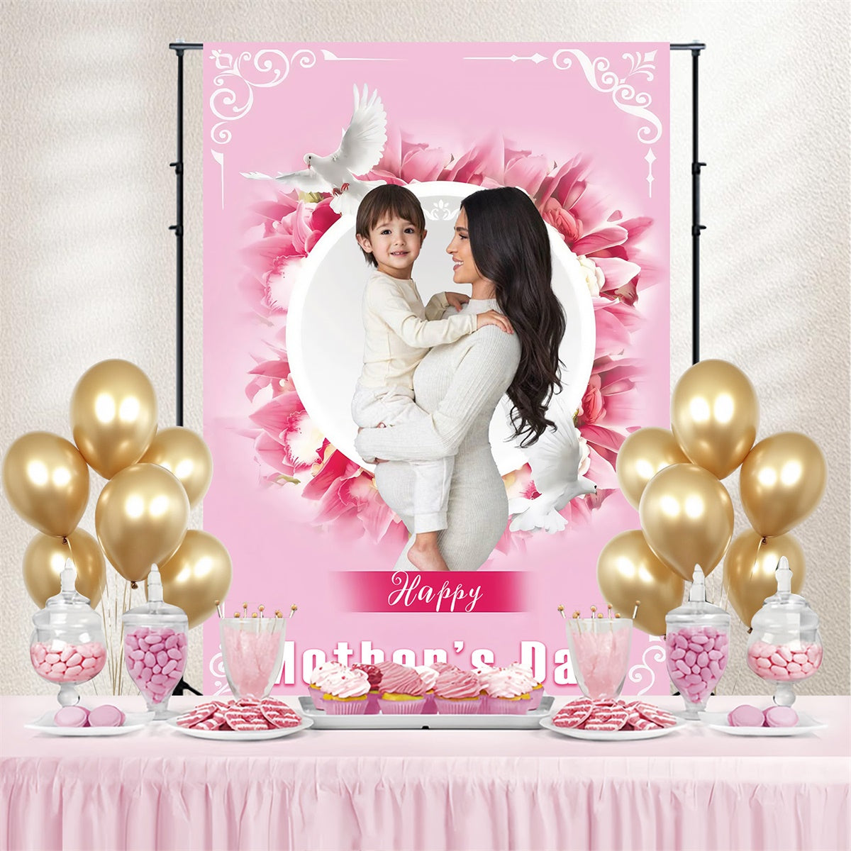 Happy Mother's Day Backdrop Pink Floral Dove Personalized Backdrop MRR3-116