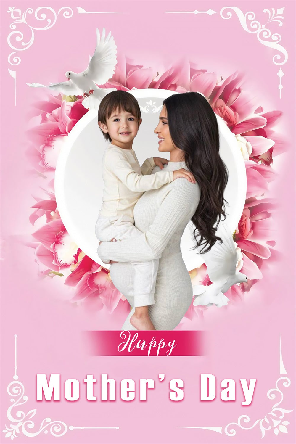 Happy Mother's Day Backdrop Pink Floral Dove Personalized Backdrop MRR3-116