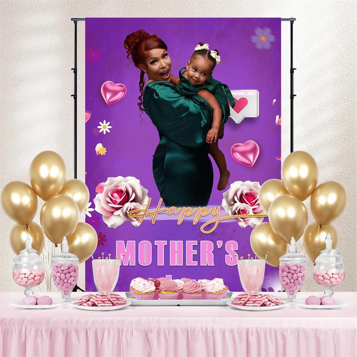 Backdrop Mothers Day Floral Heart Purple Personalized Backdrop MRR3-117