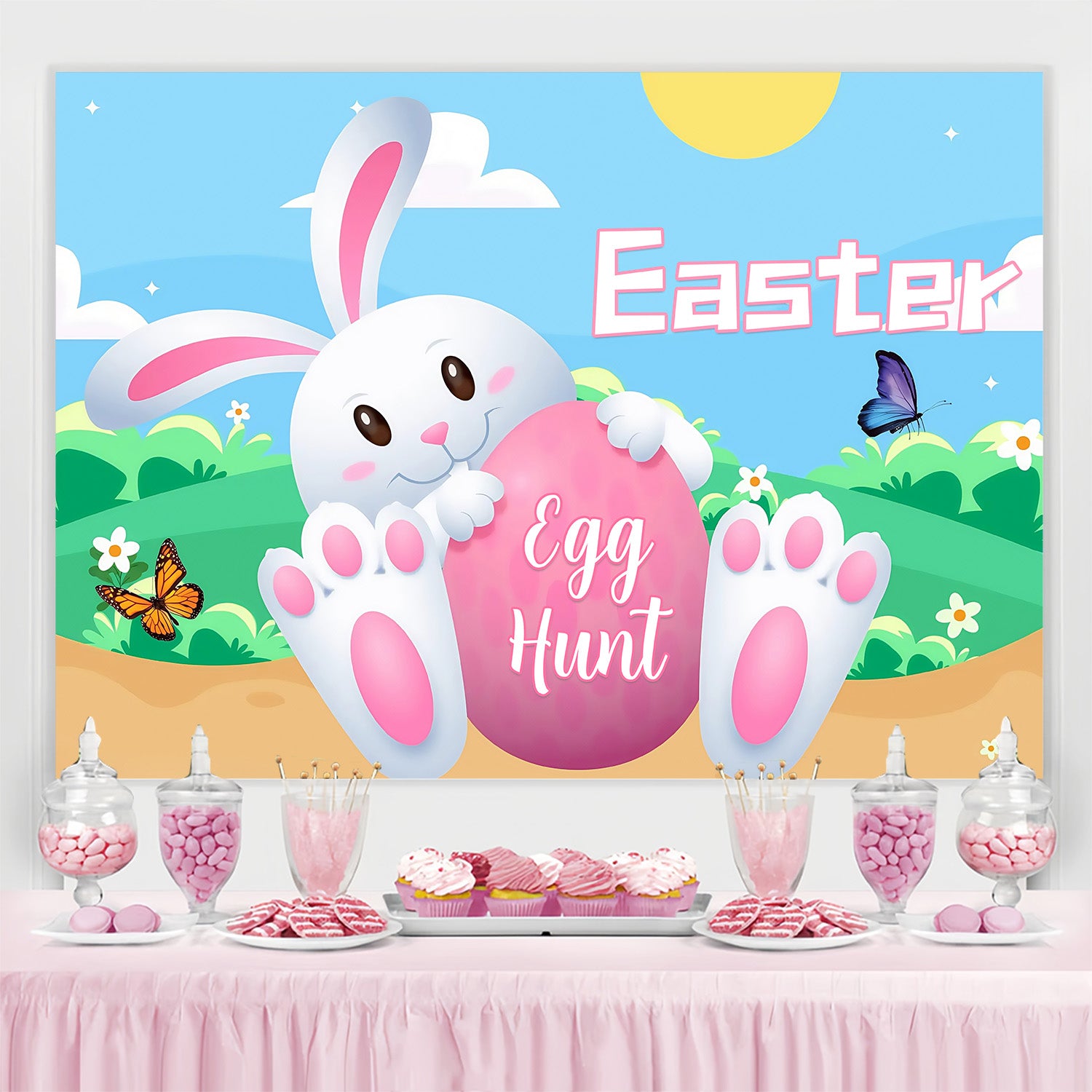 Backdrop For Easter Happy Bunny Pink Egg Personalized Backdrop MRR3-128