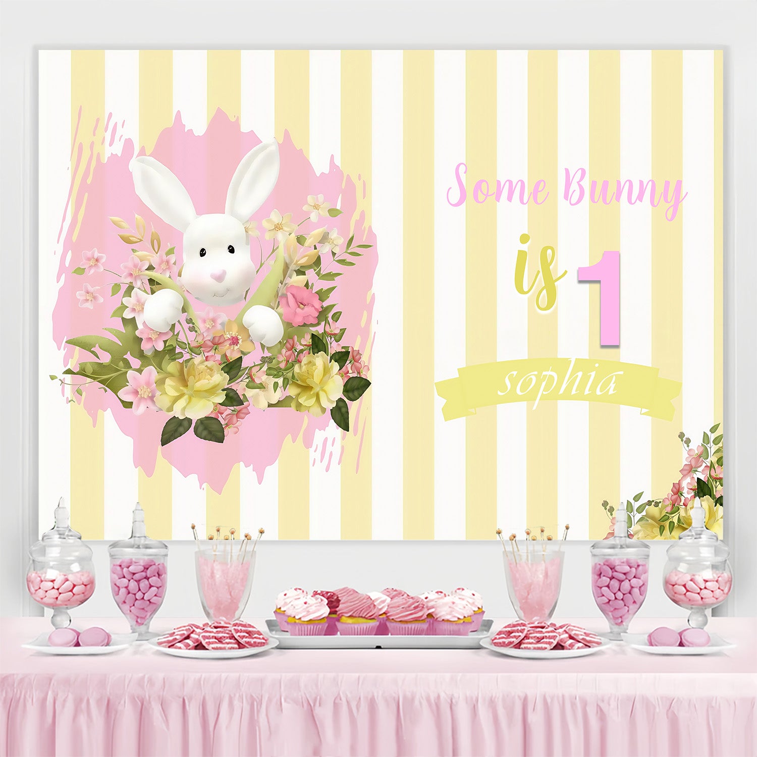 Easter Backdrop Floral Striped Bunny Birthday Custom Backdrop MRR3-134