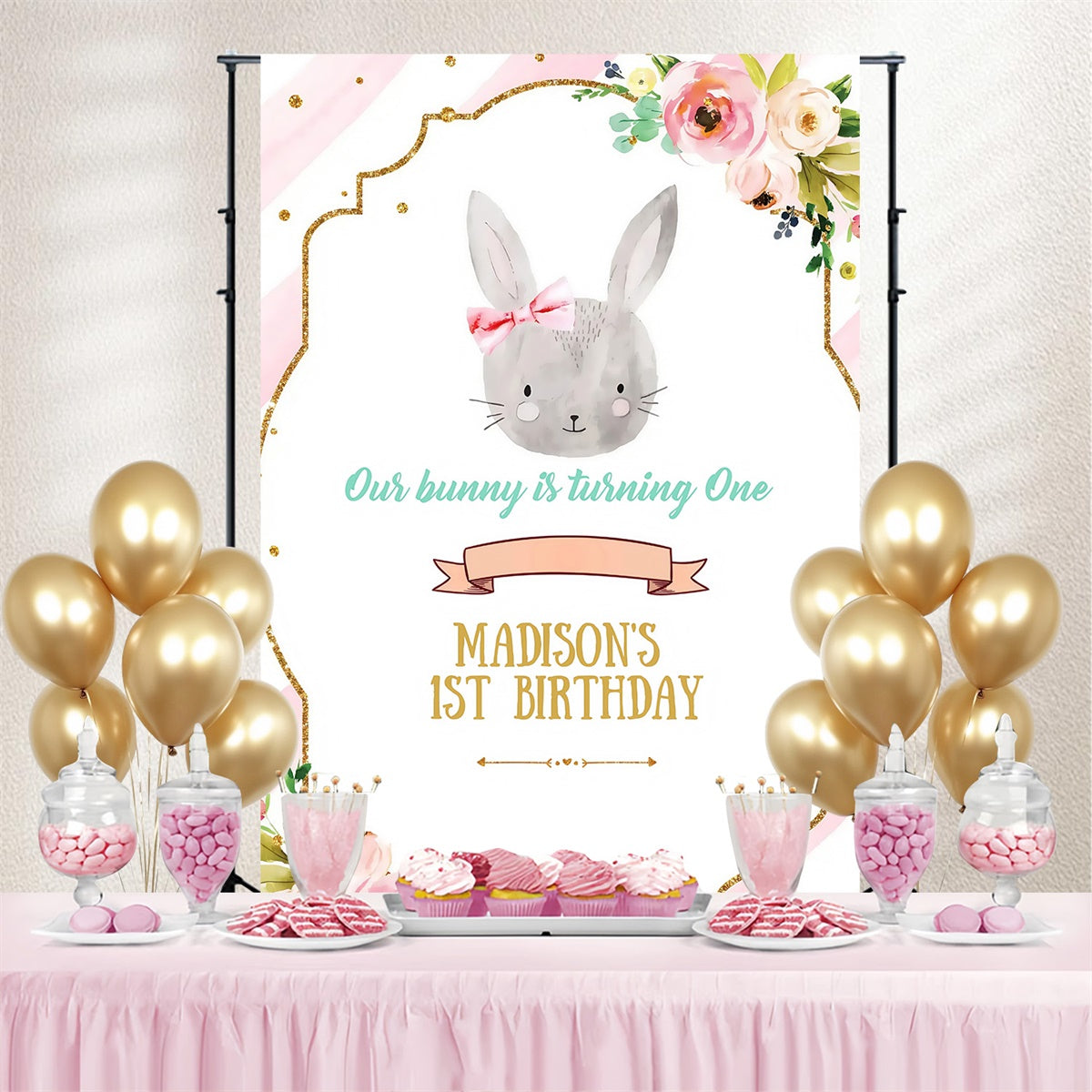 Backdrop For Easter Pink Striped Bunny Floral Customized Backdrop MRR3-137