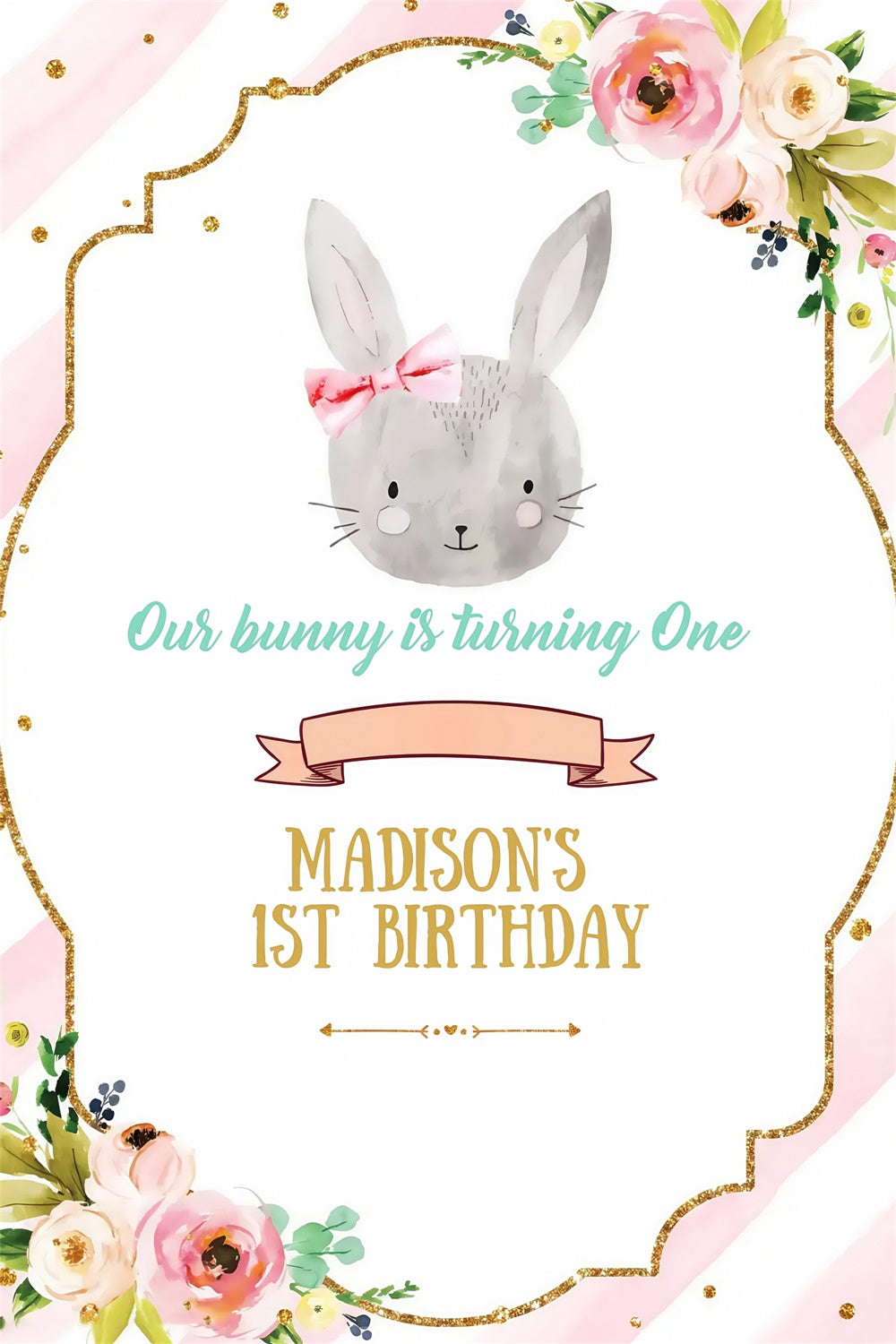 Backdrop For Easter Pink Striped Bunny Floral Customized Backdrop MRR3-137