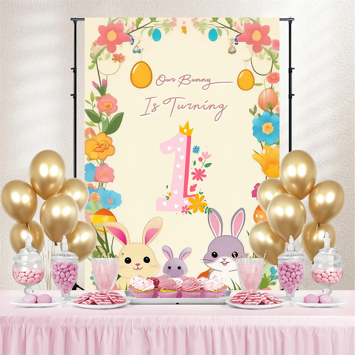 Easter Photo Backdrop Egg Garland Joyful Bunny Customized Backdrop MRR3-138