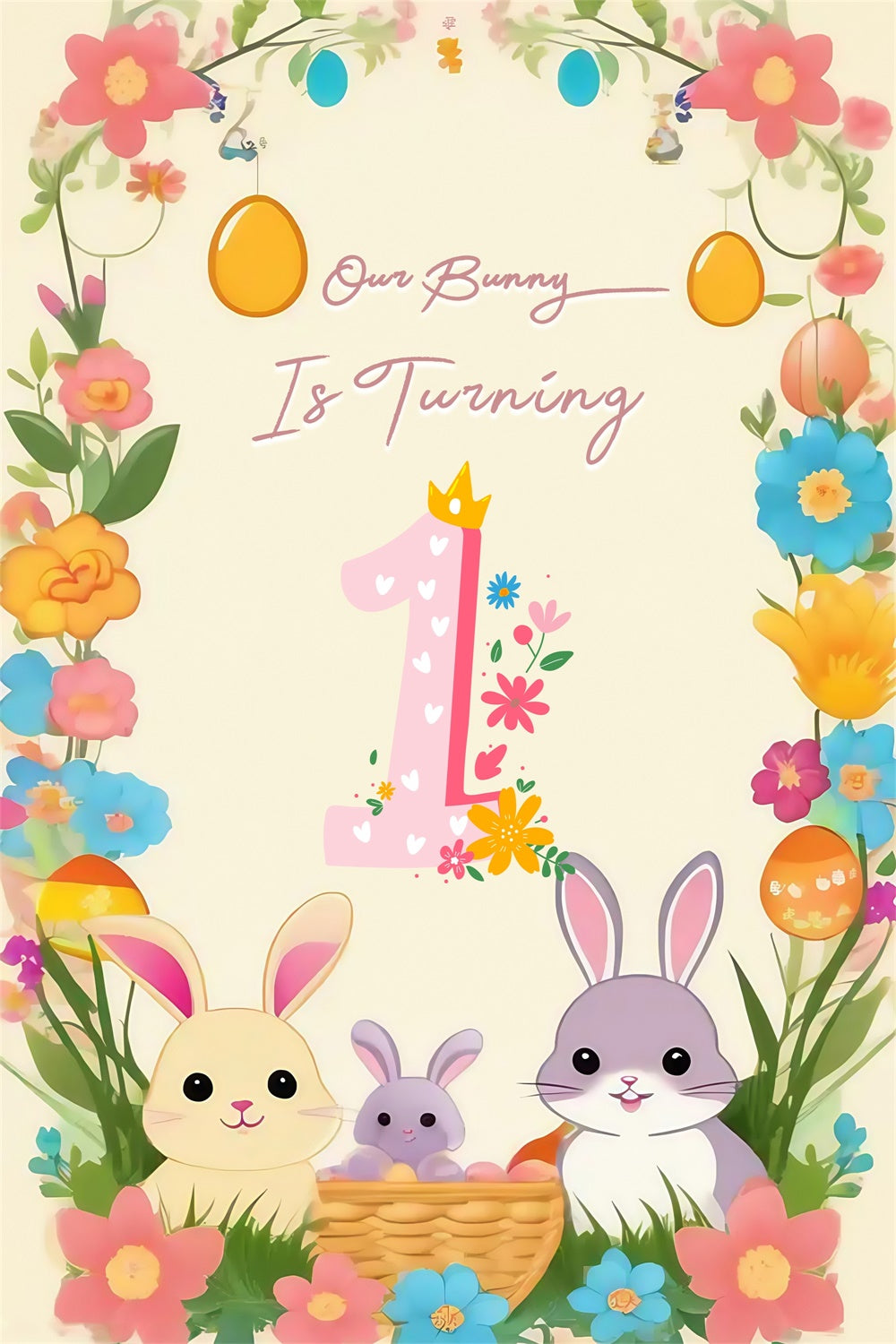 Easter Photo Backdrop Egg Garland Joyful Bunny Customized Backdrop MRR3-138