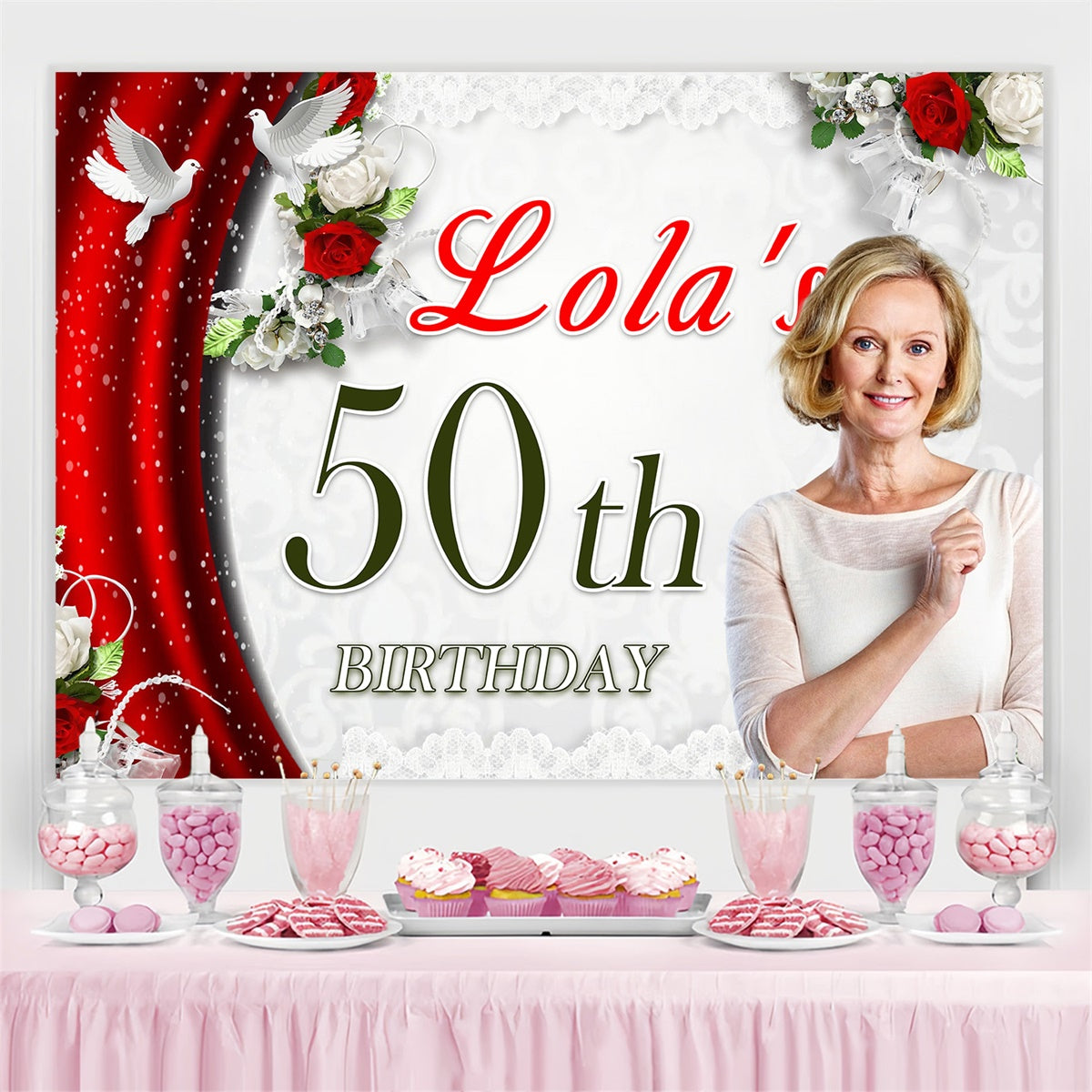 Personalized 50th Birthday Backdrop Red Curtain Dove Backdrop MRR3-141