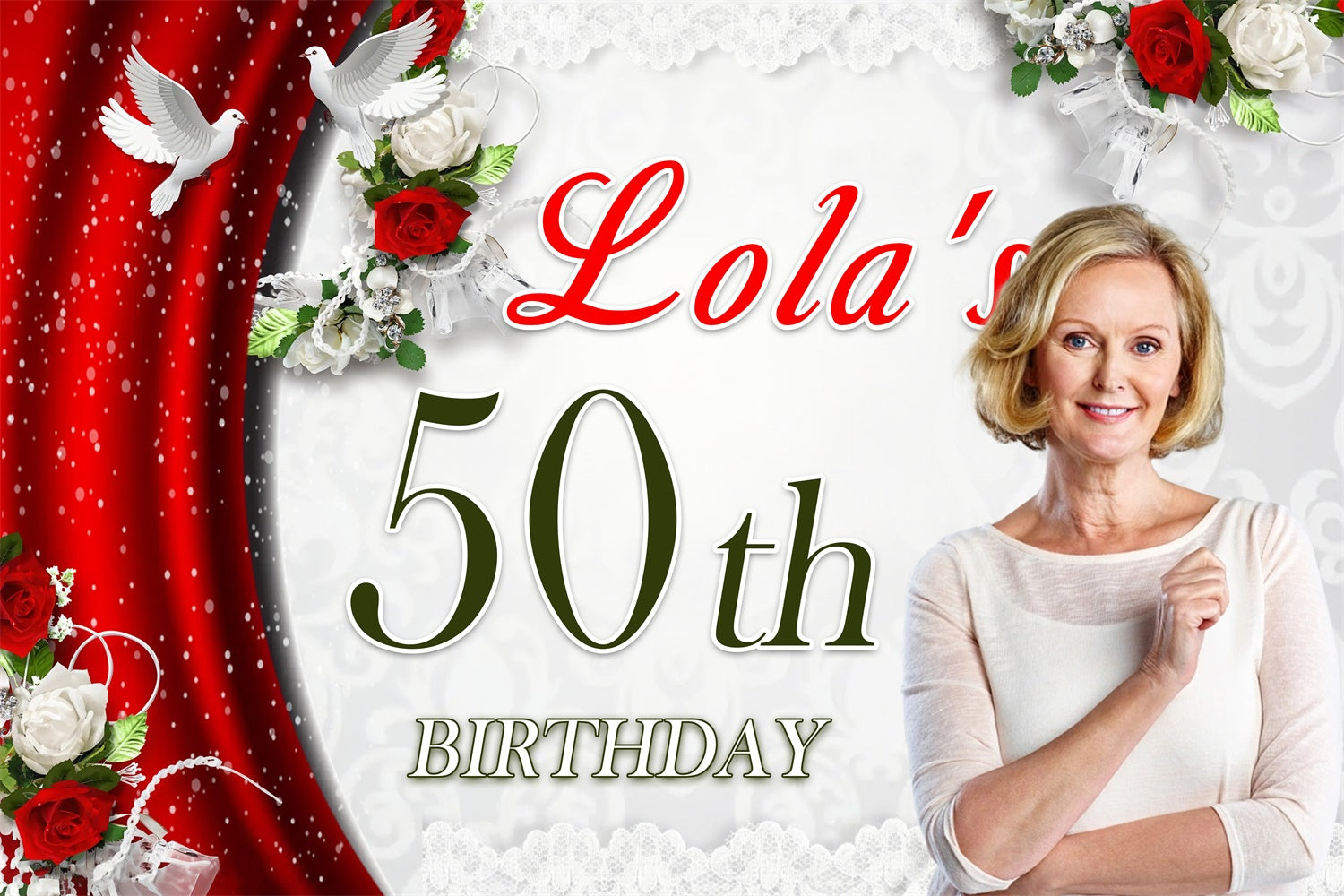 Personalized 50th Birthday Backdrop Red Curtain Dove Backdrop MRR3-141