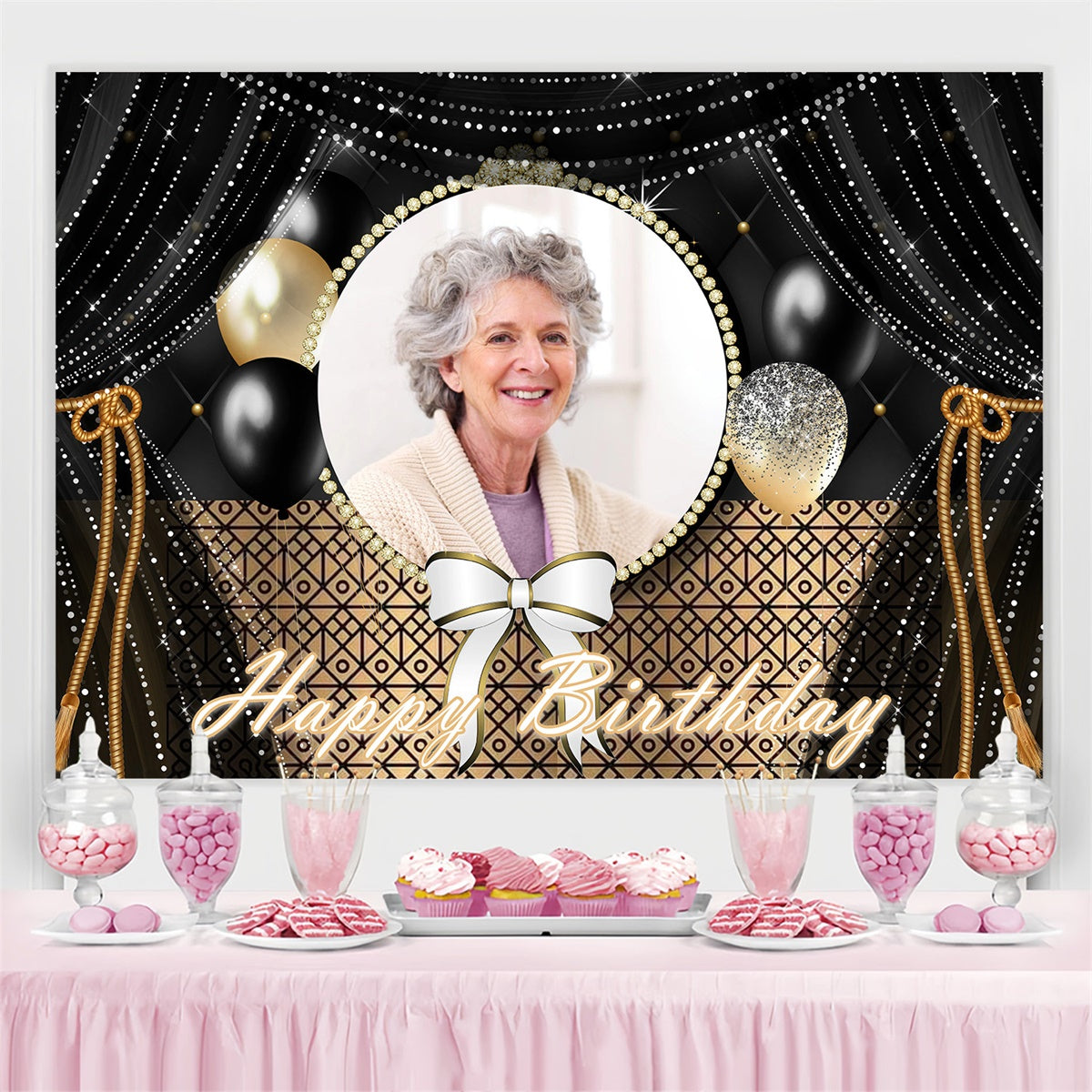 Customized Birthday Backdrop Glamorous Black Gold Curtain Backdrop MRR3-142