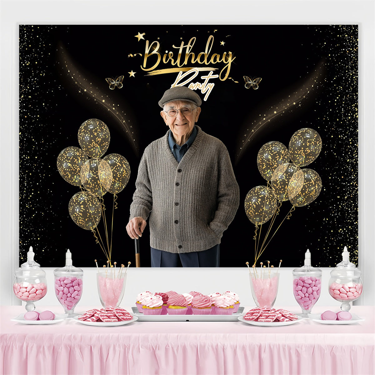 Custom Made Birthday Backdrops Glitter Balloon Black Gold Backdrop MRR3-143