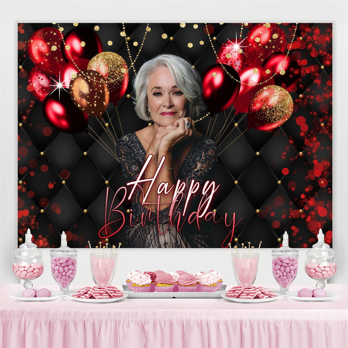 Customized Backdrop For Birthday Radiant Red Light Balloon Backdrop MRR3-145