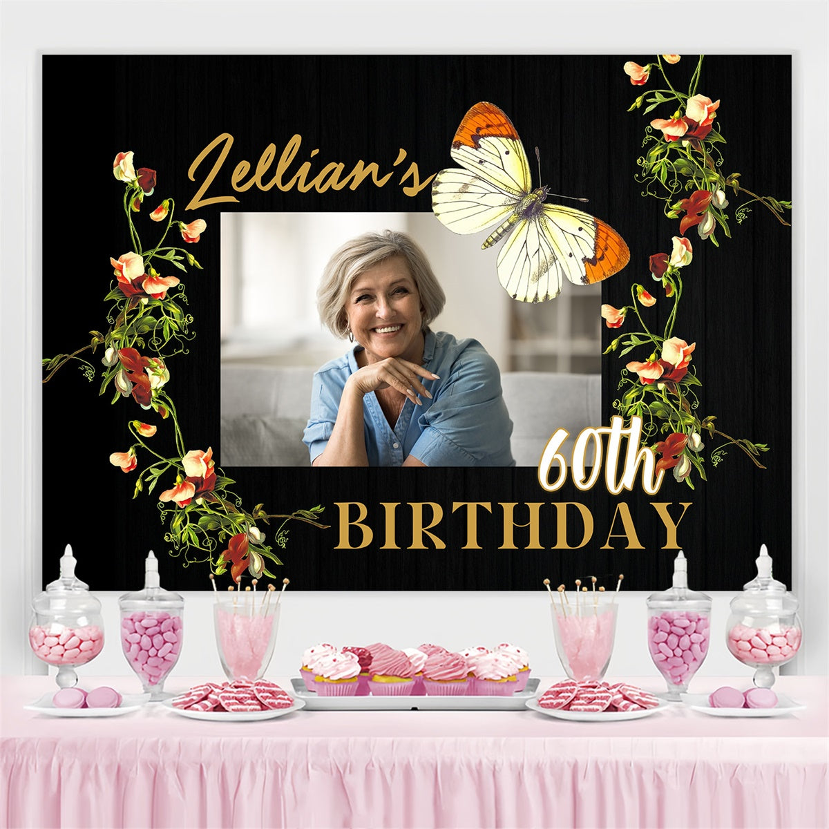 Custom Happy Birthday Backdrop Rustic Butterfly Floral 60th Backdrop MRR3-146