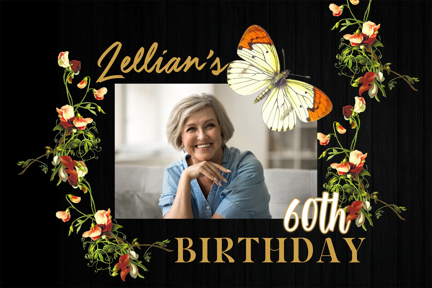 Custom Happy Birthday Backdrop Rustic Butterfly Floral 60th Backdrop MRR3-146