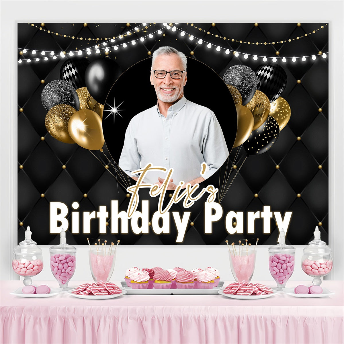 Customized Birthday Backdrop Sparkling Lights Gold Balloon Backdrop MRR3-147