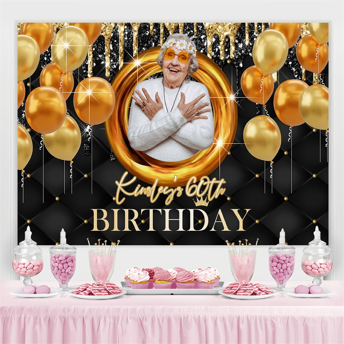 Personalized 60th Birthday Backdrop Gold Balloon Sparkle Backdrop MRR3-148