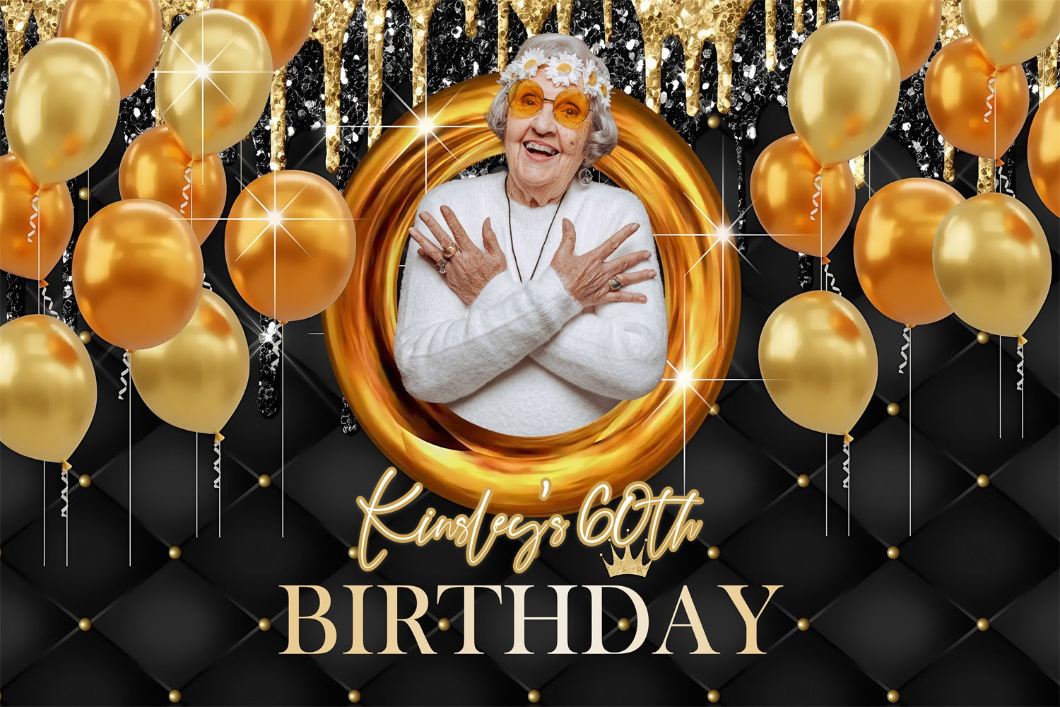 Personalized 60th Birthday Backdrop Gold Balloon Sparkle Backdrop MRR3-148